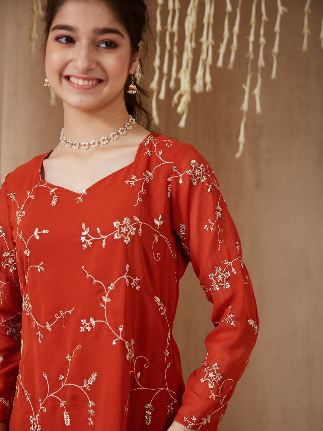 Orange Georgette Embroidered Kurta Plazzo & Dupatta Set for Girls