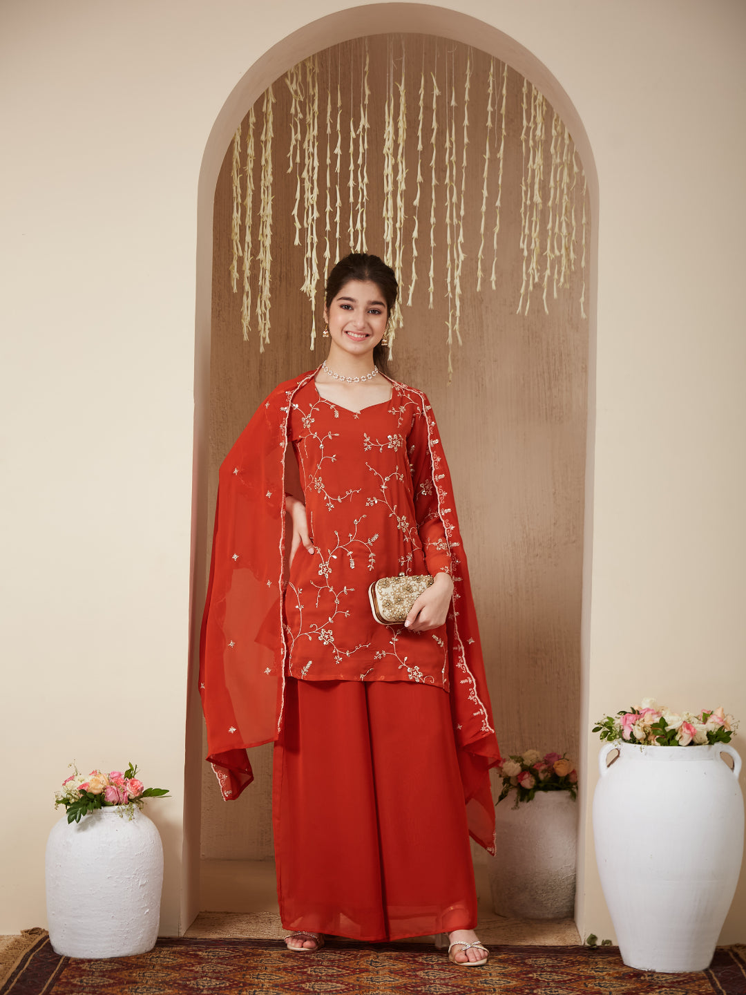 Orange Georgette Embroidered Kurta Plazzo & Dupatta Set for Girls