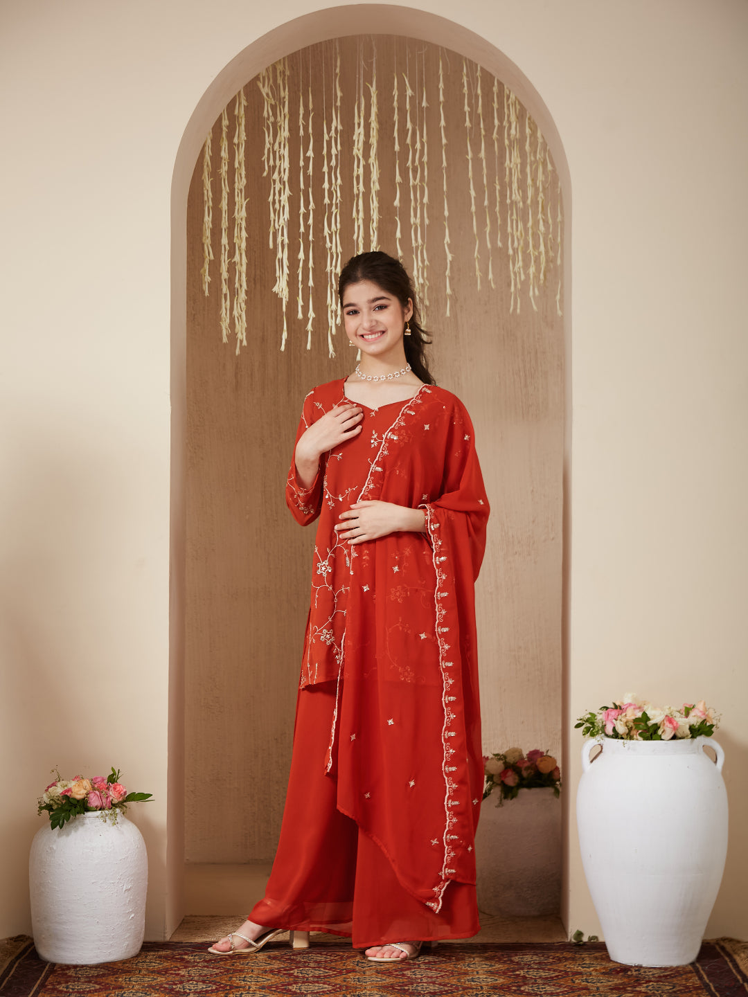 Orange Georgette Embroidered Kurta Plazzo & Dupatta Set for Girls