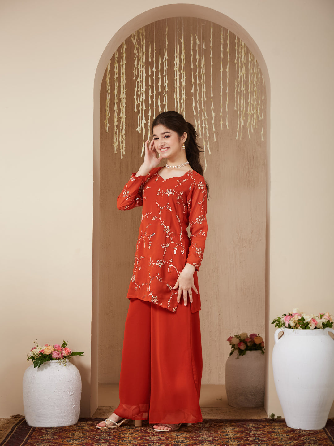 Orange Georgette Embroidered Kurta Plazzo & Dupatta Set for Girls