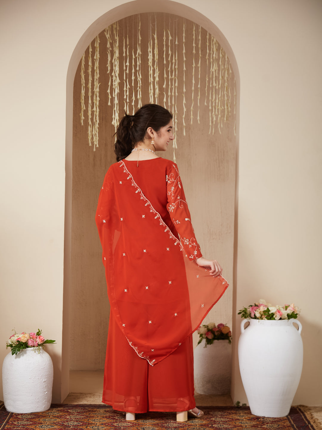 Orange Georgette Embroidered Kurta Plazzo & Dupatta Set for Girls