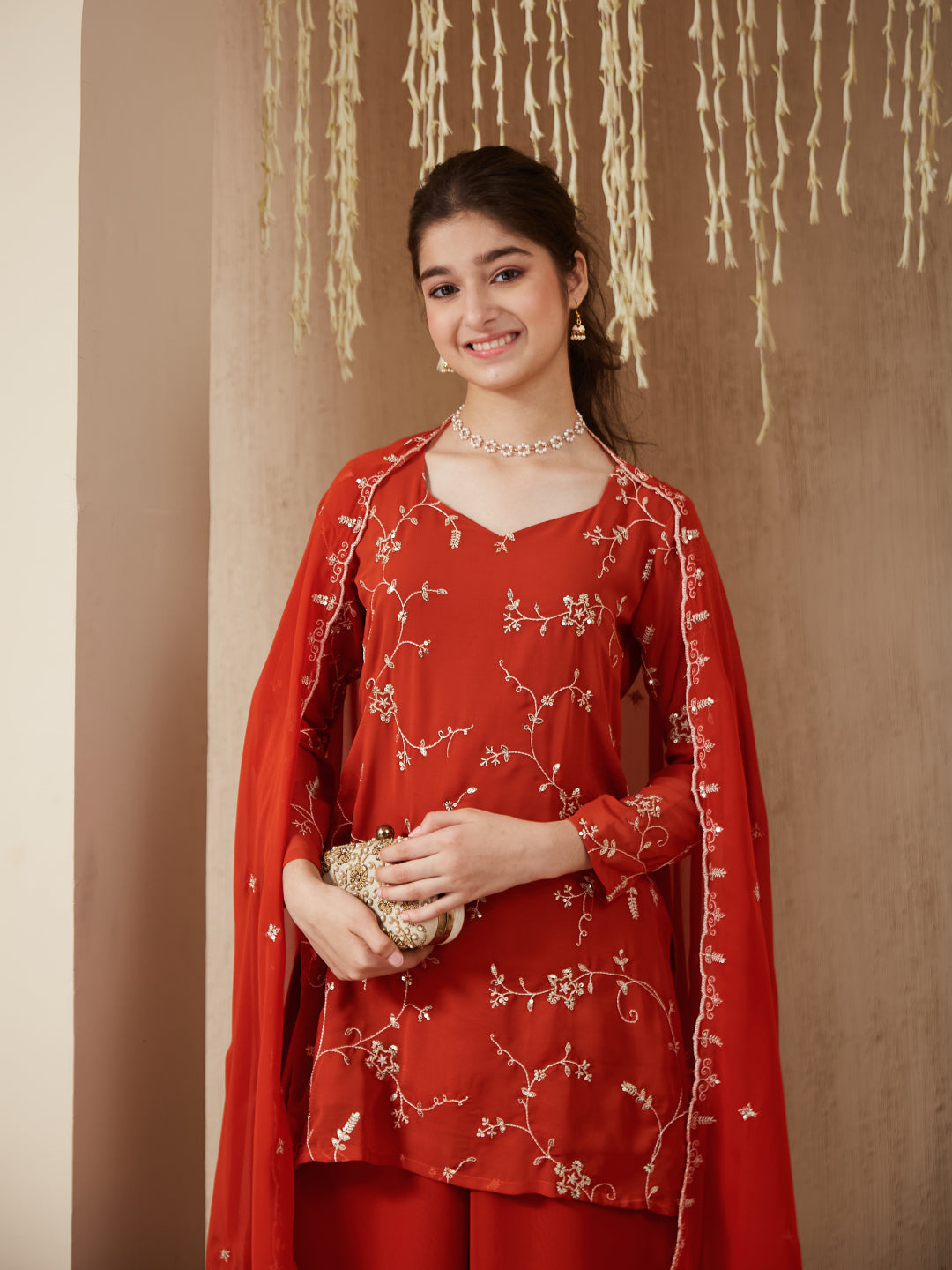 Orange Georgette Embroidered Kurta Plazzo & Dupatta Set for Girls