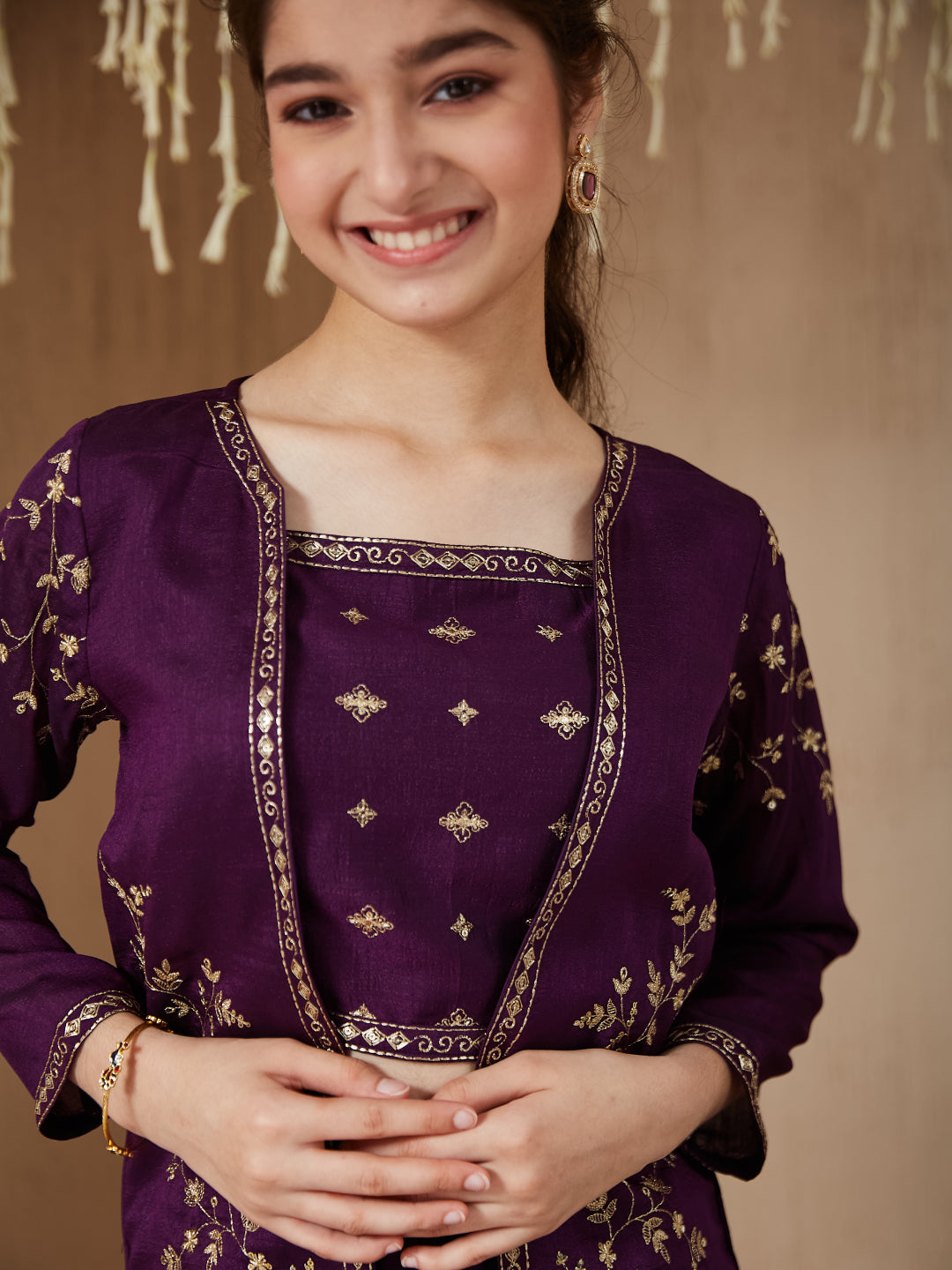 Violet Silk Embroidered Top, Palazzo & Shrug Set for Girls
