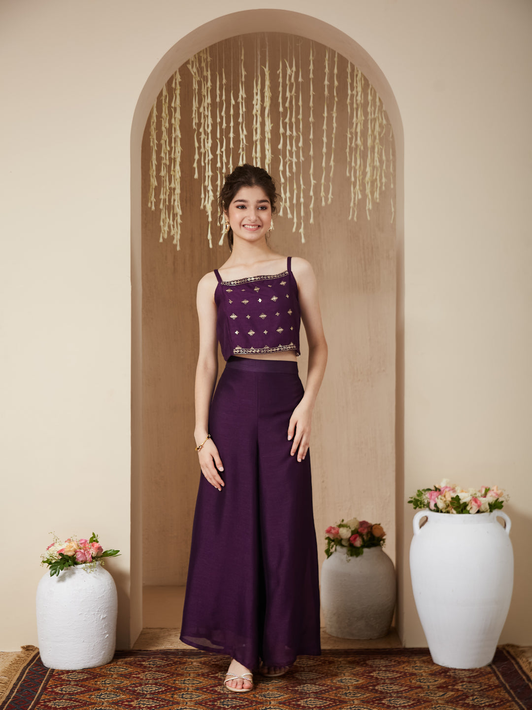 Violet Silk Embroidered Top, Palazzo & Shrug Set for Girls