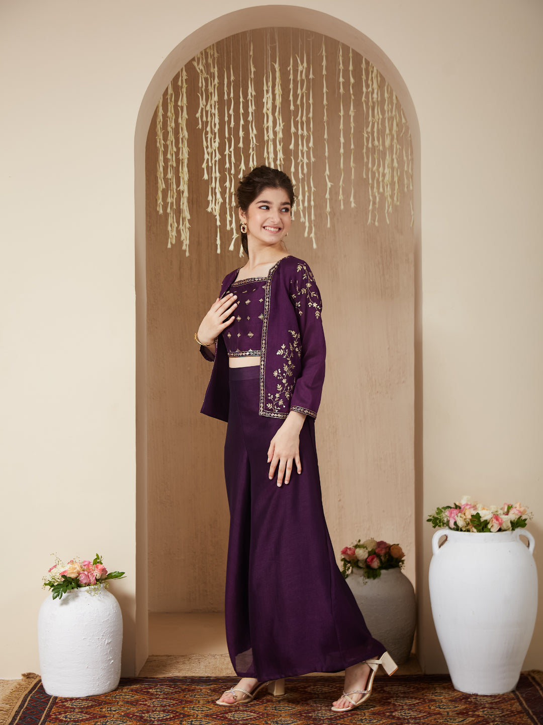 Violet Silk Embroidered Top, Palazzo & Shrug Set for Girls