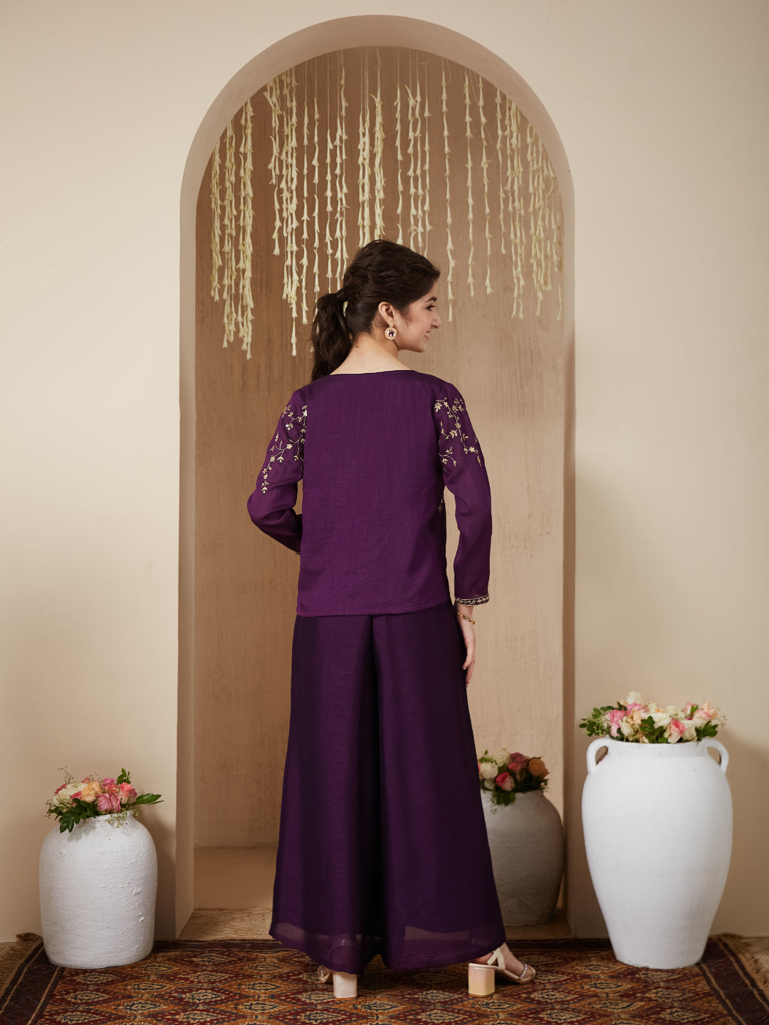 Violet Silk Embroidered Top, Palazzo & Shrug Set for Girls