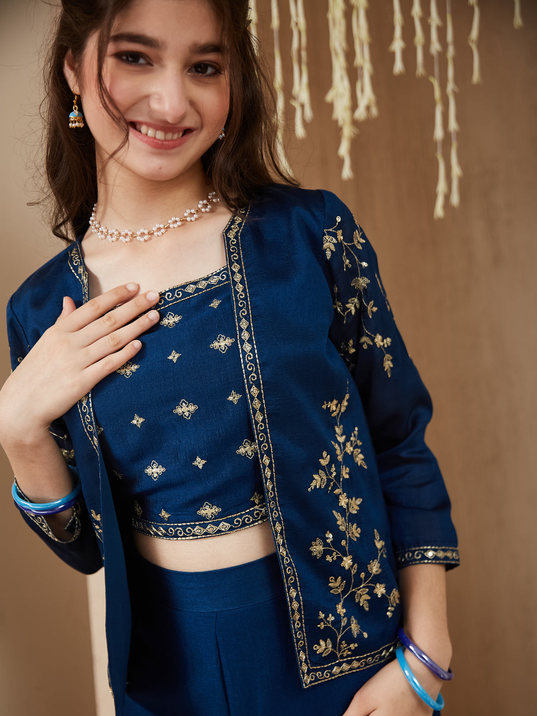 Teal Blue Silk Embroidered Crop Top Palazzo Set with Jacket for Girls