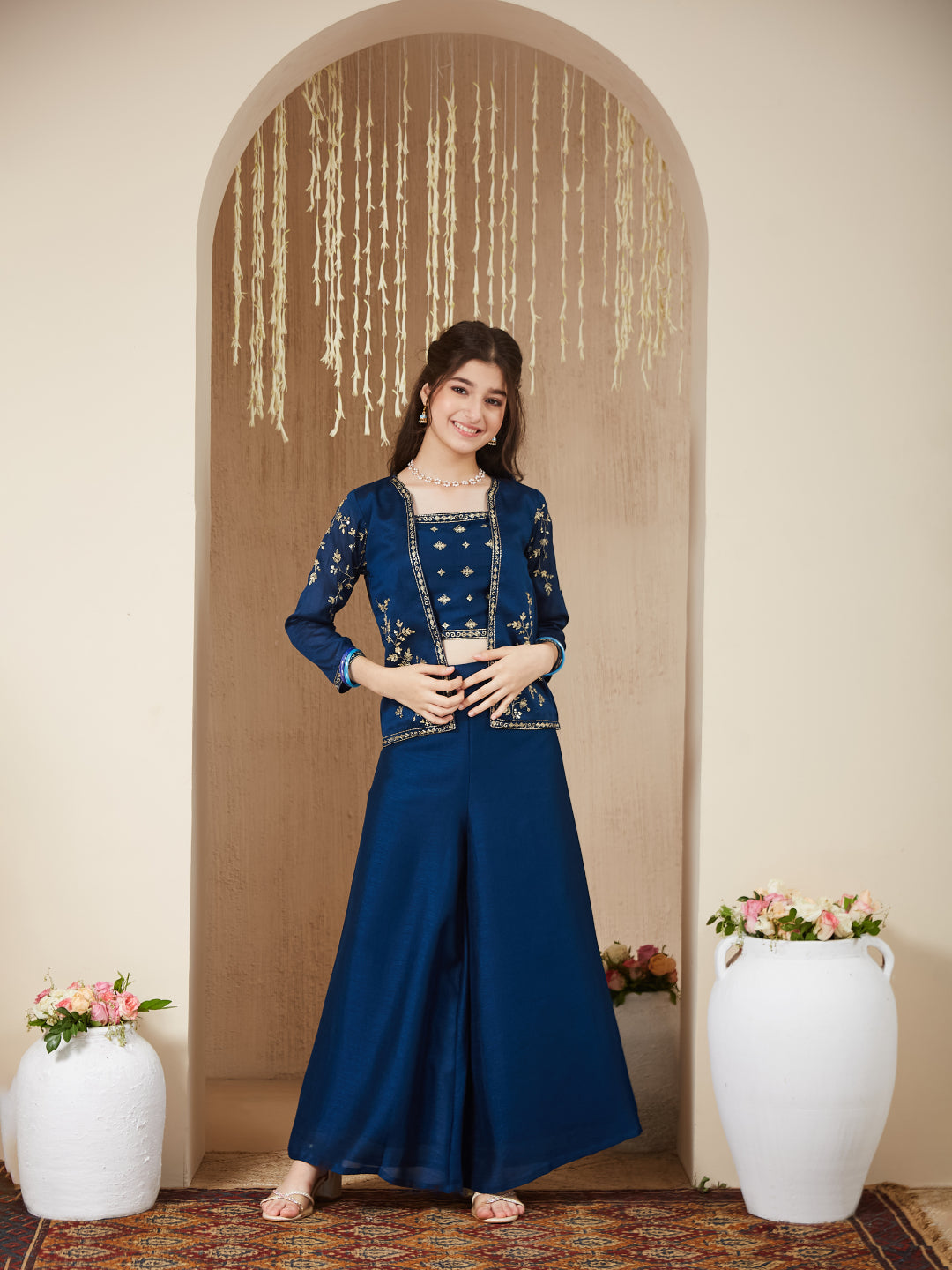 Teal Blue Silk Embroidered Crop Top Palazzo Set with Jacket for Girls