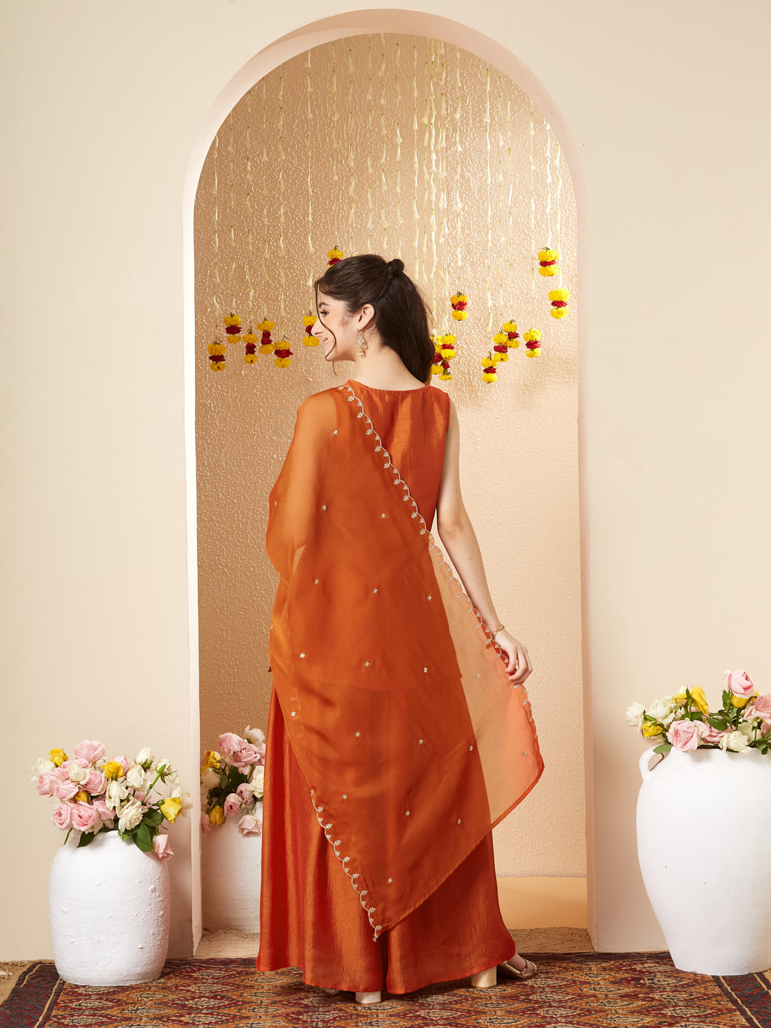 Orange Embroidered Silk Top with Sharara Set for girls