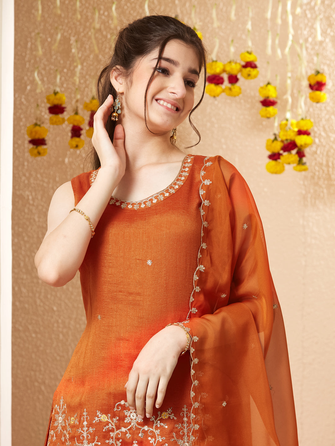 Orange Embroidered Silk Top with Sharara Set for girls