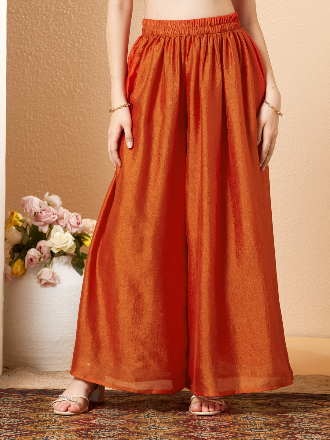 Orange Embroidered Silk Top with Sharara Set for girls