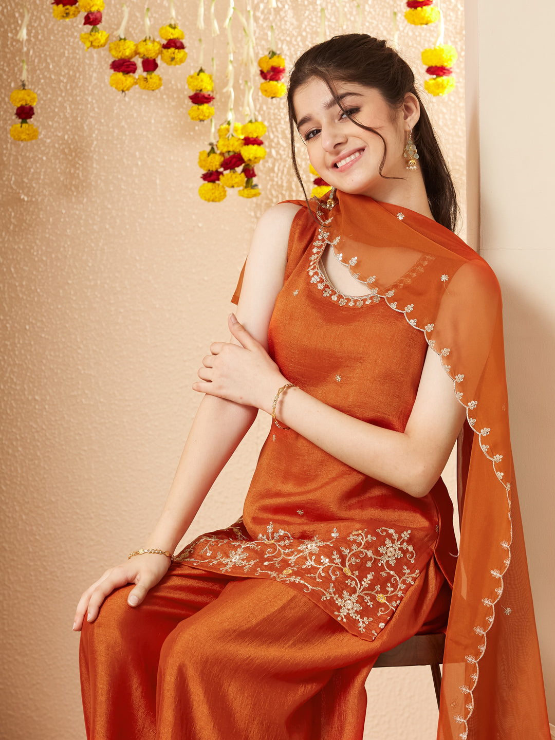 Orange Embroidered Silk Top with Sharara Set for girls
