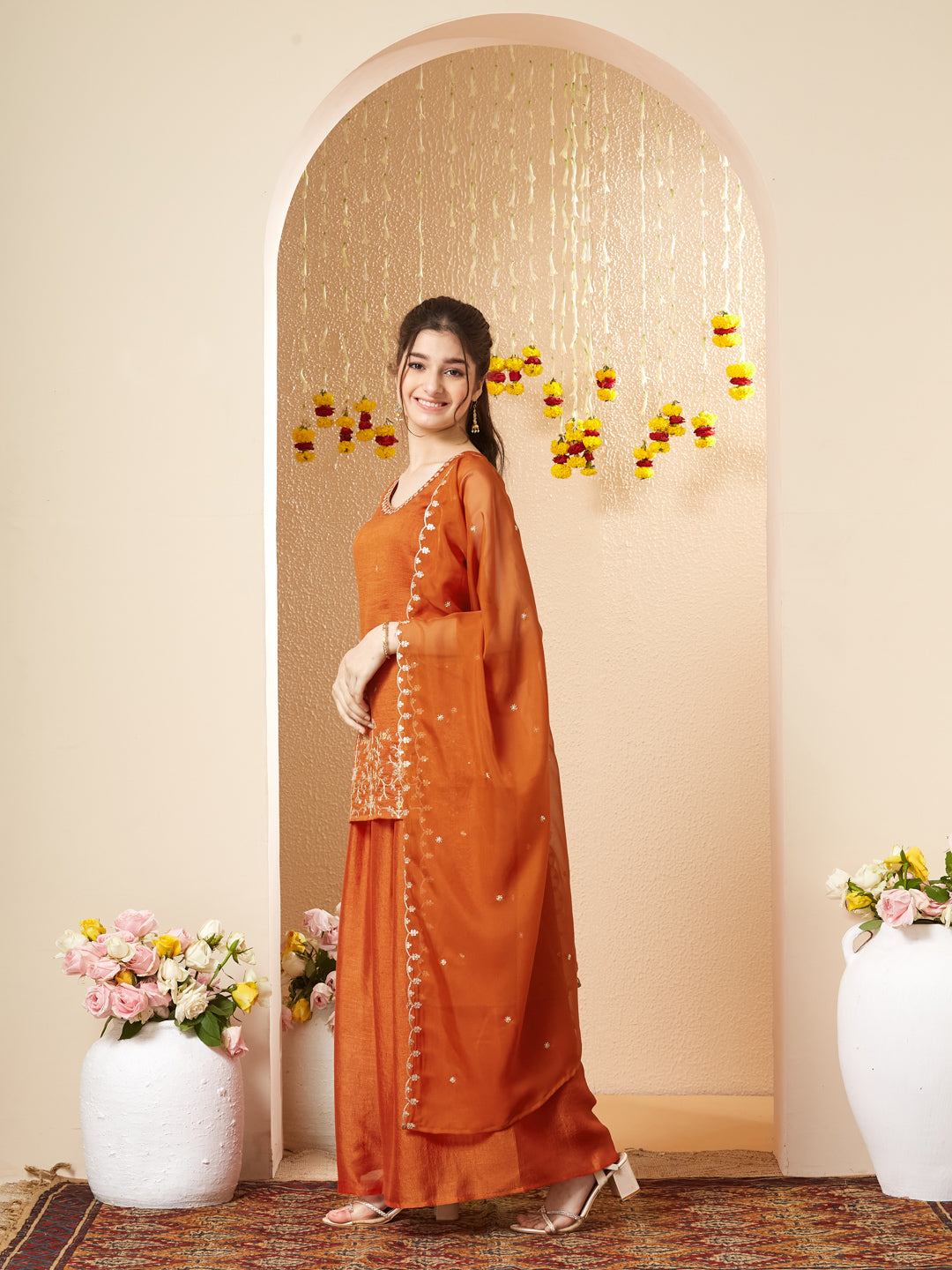 Orange Embroidered Silk Top with Sharara Set for girls