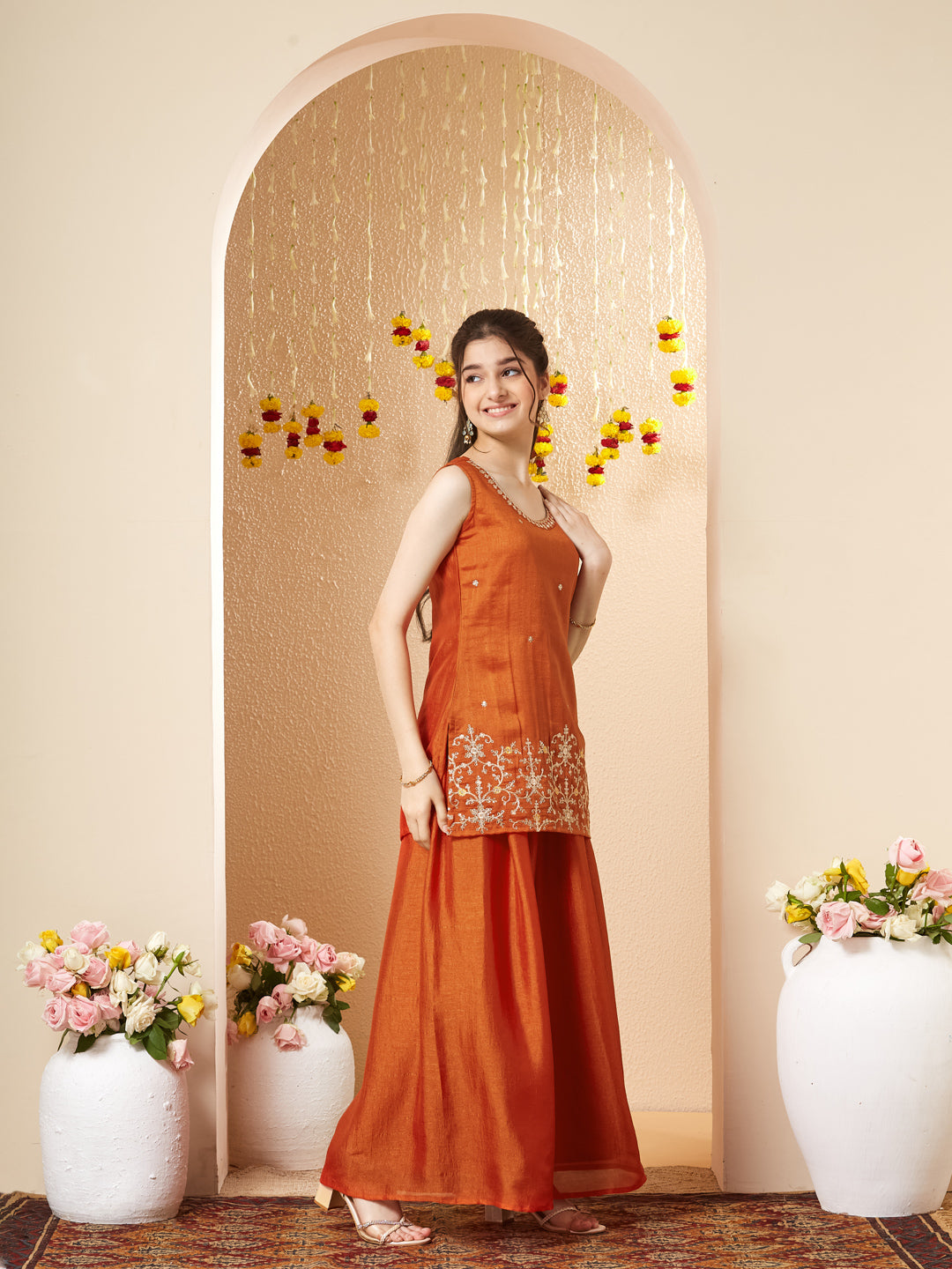 Orange Embroidered Silk Top with Sharara Set for girls