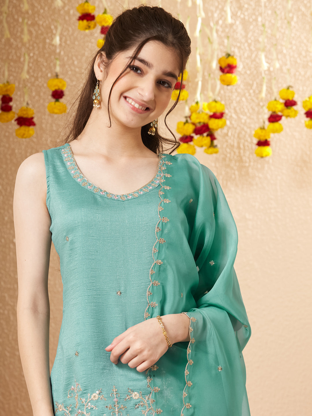 Mint green Embroidered Silk Top with Sharara Set for girls