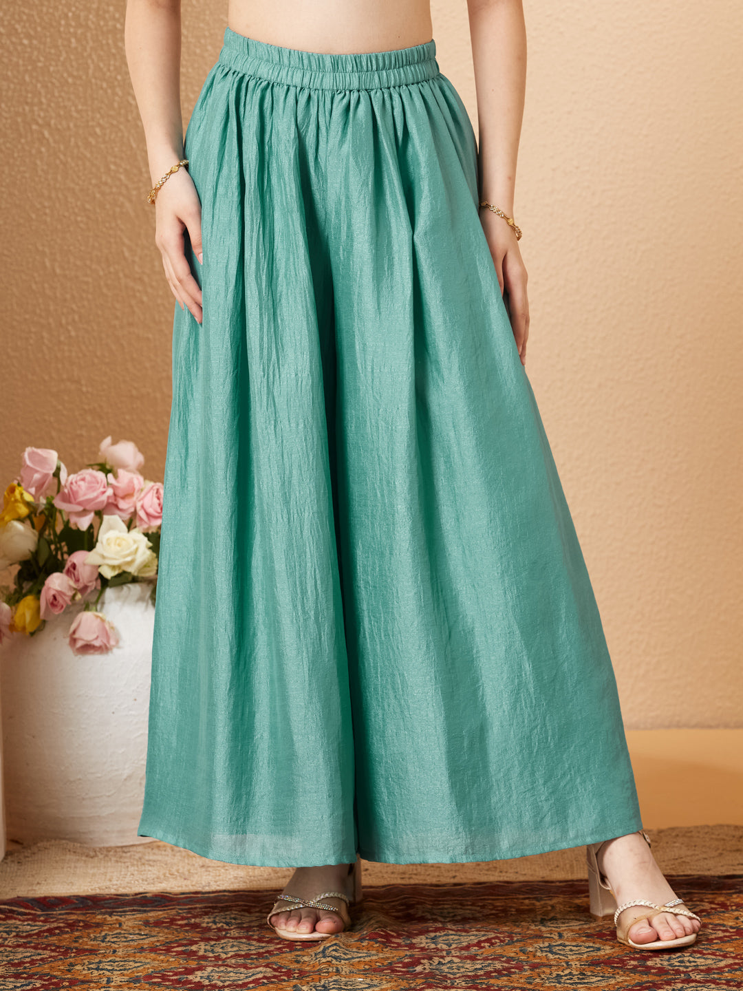 Mint green Embroidered Silk Top with Sharara Set for girls