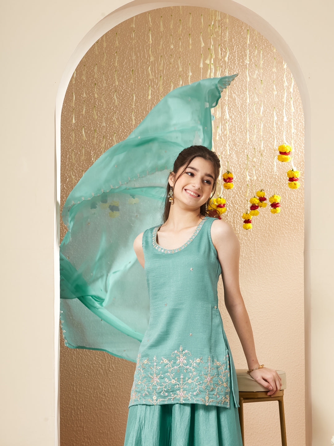 Mint green Embroidered Silk Top with Sharara Set for girls