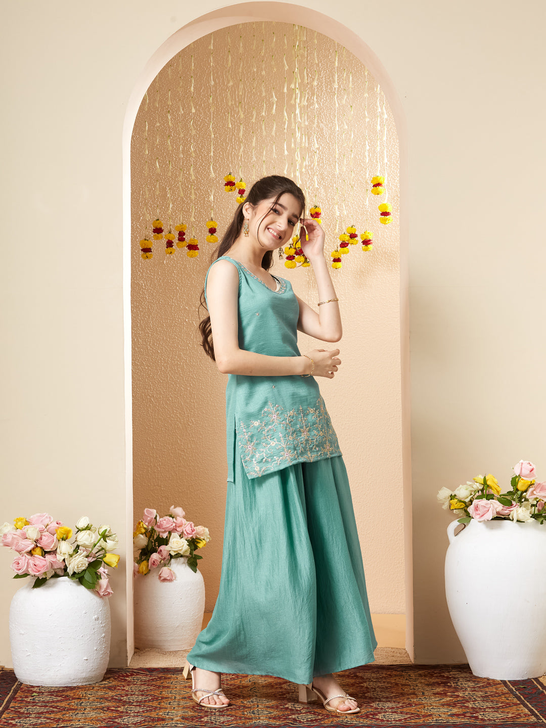 Mint green Embroidered Silk Top with Sharara Set for girls