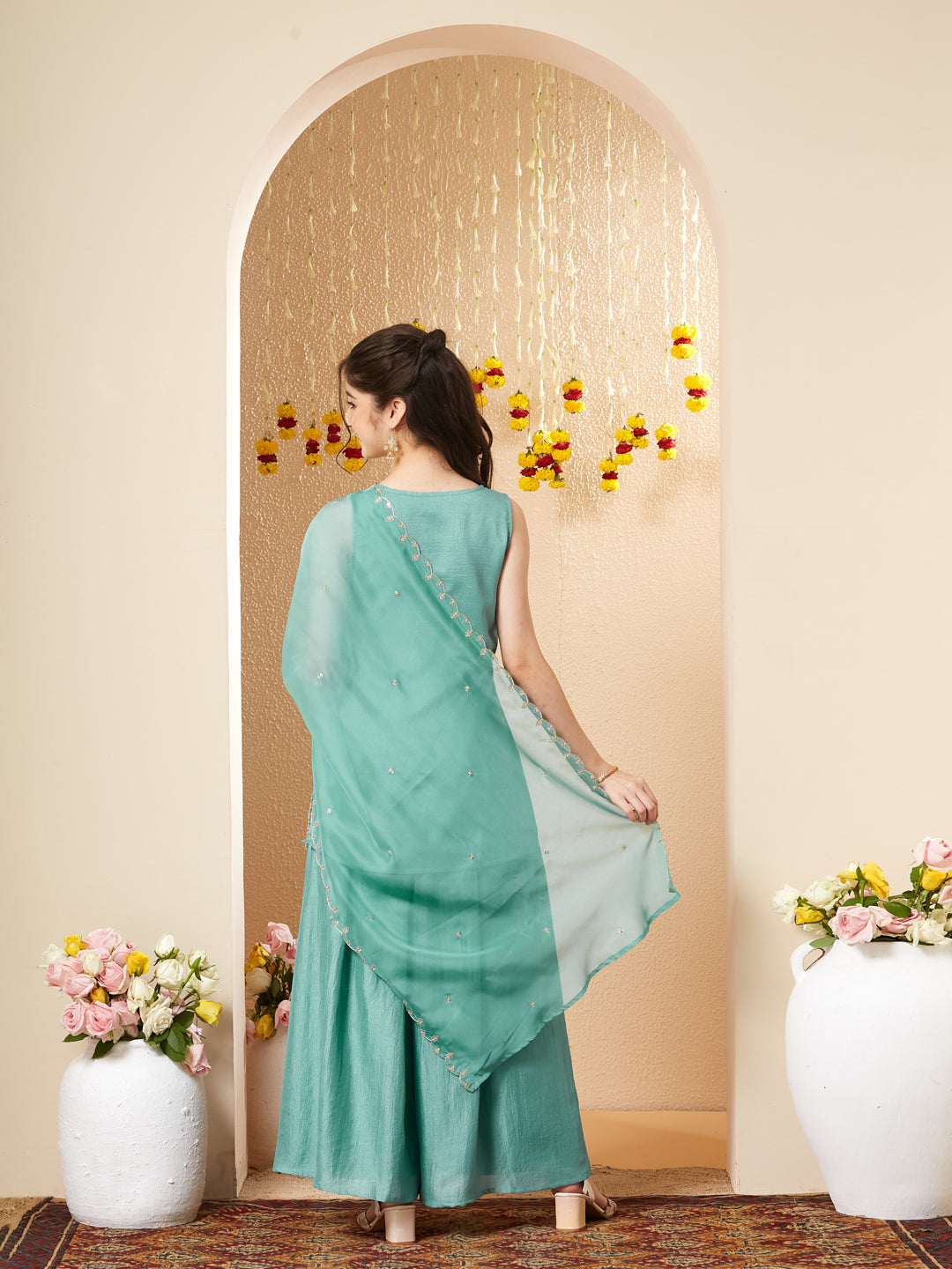 Mint green Embroidered Silk Top with Sharara Set for girls