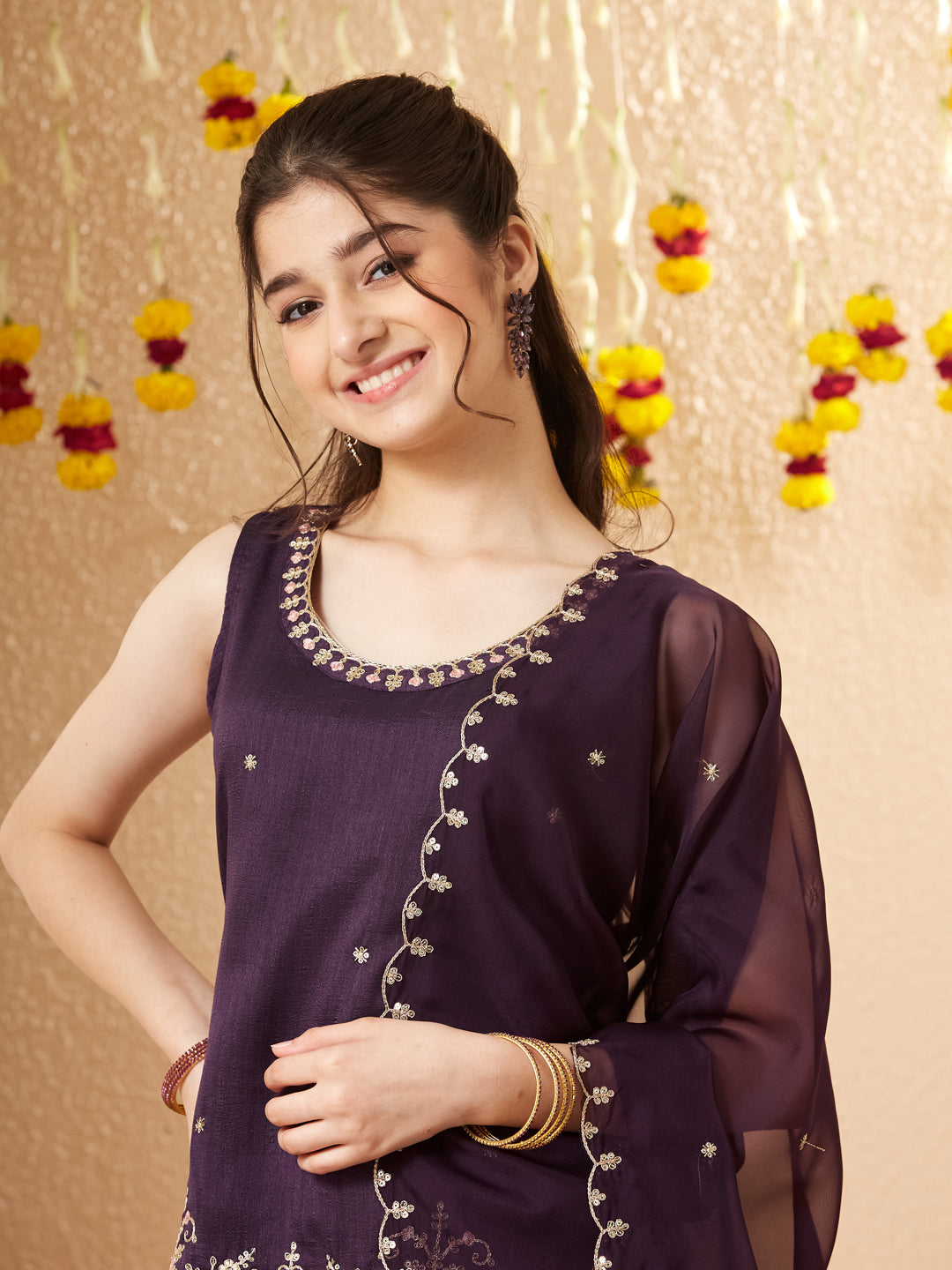 Purple Embroidered Silk Top with Sharara Set for girls