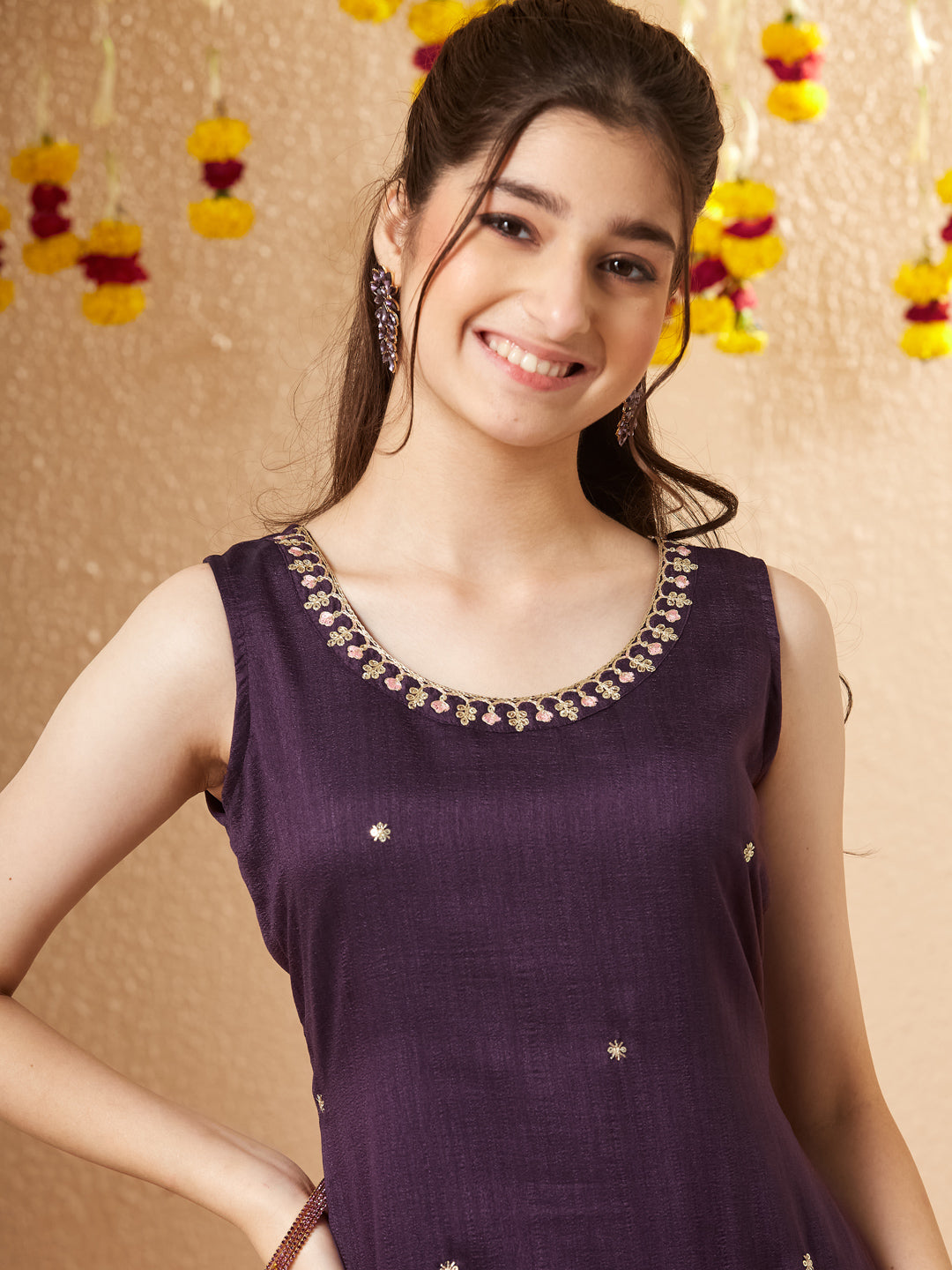 Purple Embroidered Silk Top with Sharara Set for girls