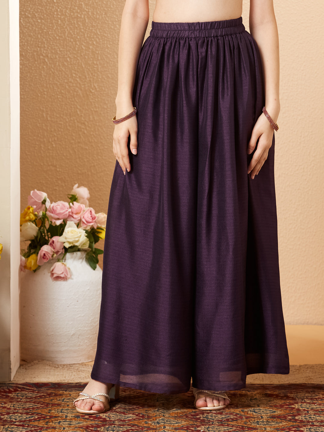 Purple Embroidered Silk Top with Sharara Set for girls