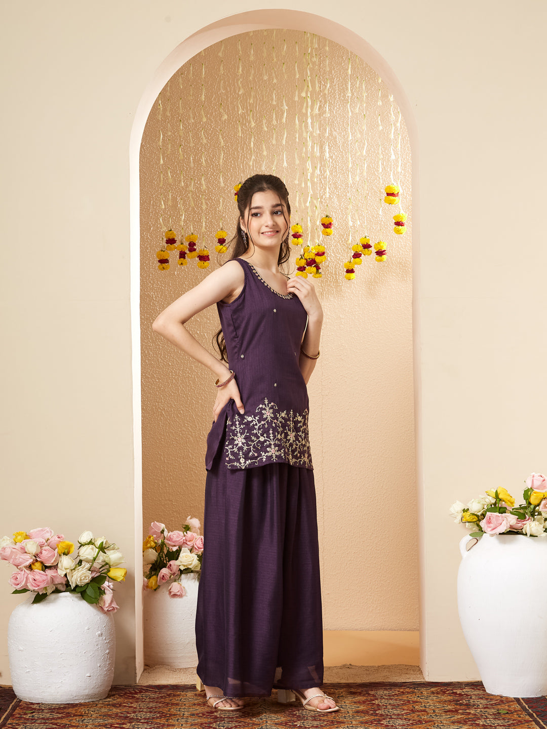 Purple Embroidered Silk Top with Sharara Set for girls
