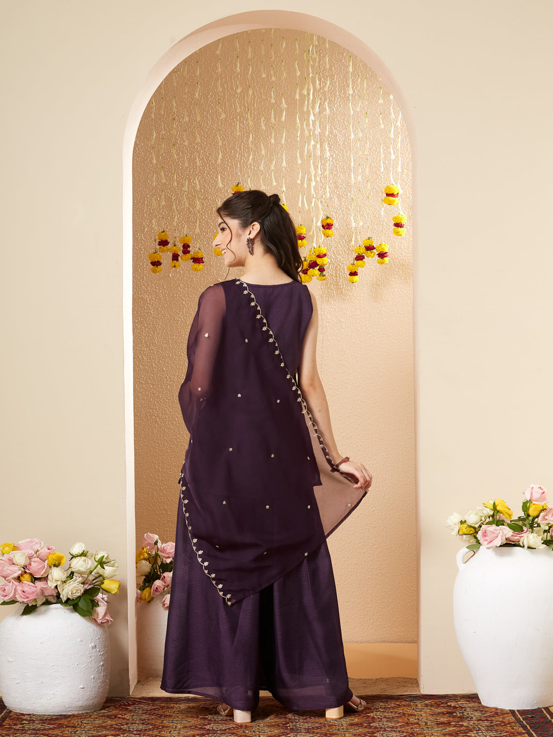 Purple Embroidered Silk Top with Sharara Set for girls
