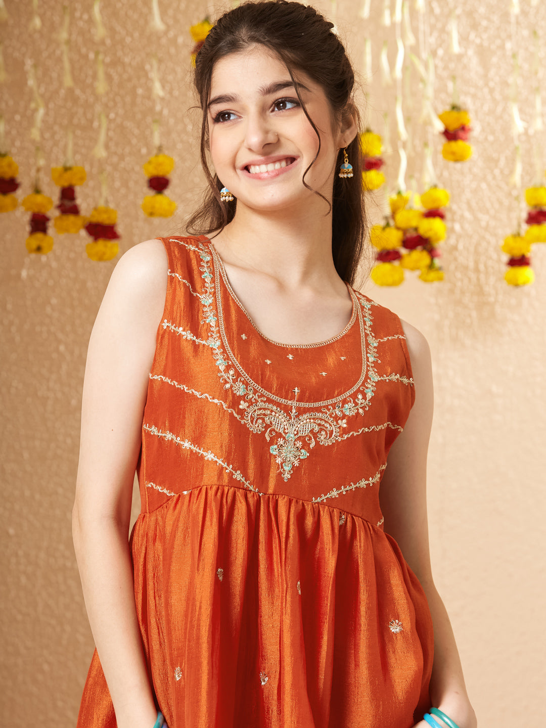 Orange Silk Embroidered Kurta Sharara Set with Dupatta for Girls
