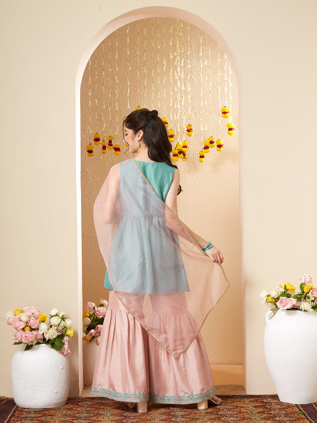Light Blue Silk Embroidered Kurta Sharara Set with Dupatta for Girls