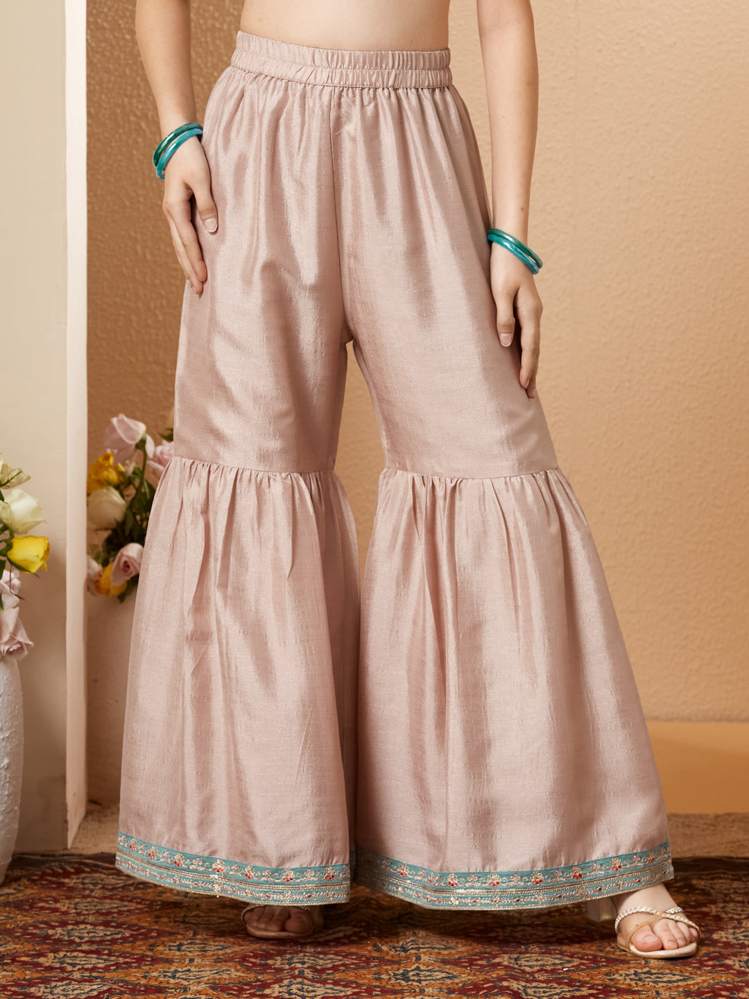Light Blue Silk Embroidered Kurta Sharara Set with Dupatta for Girls