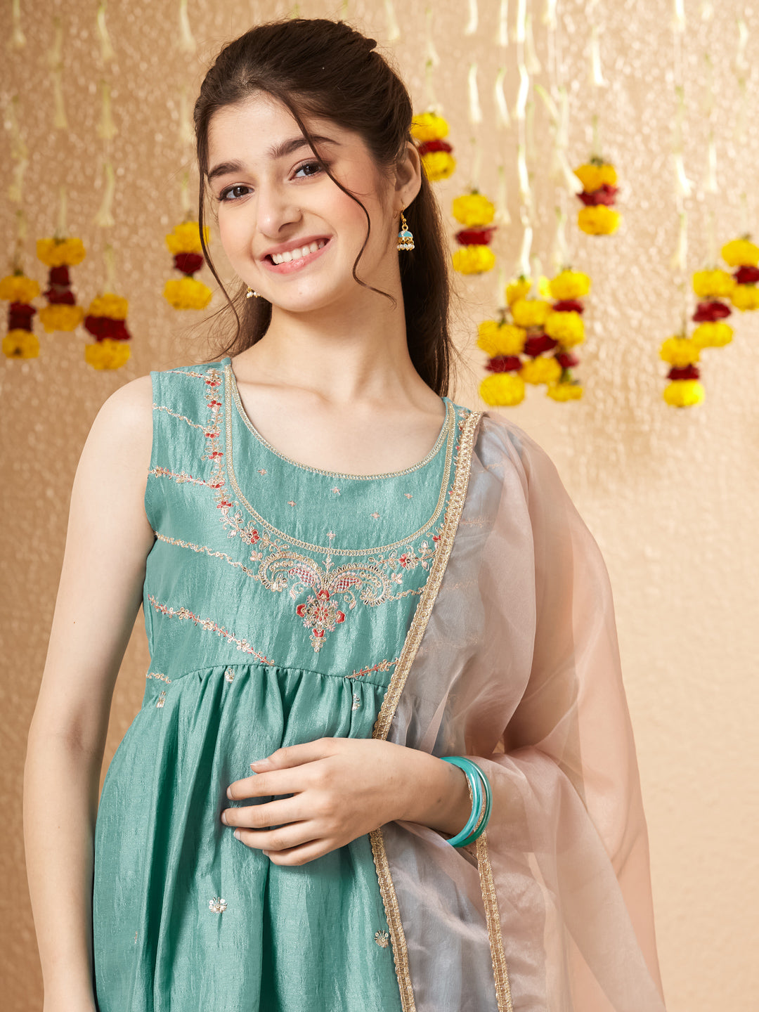 Light Blue Silk Embroidered Kurta Sharara Set with Dupatta for Girls