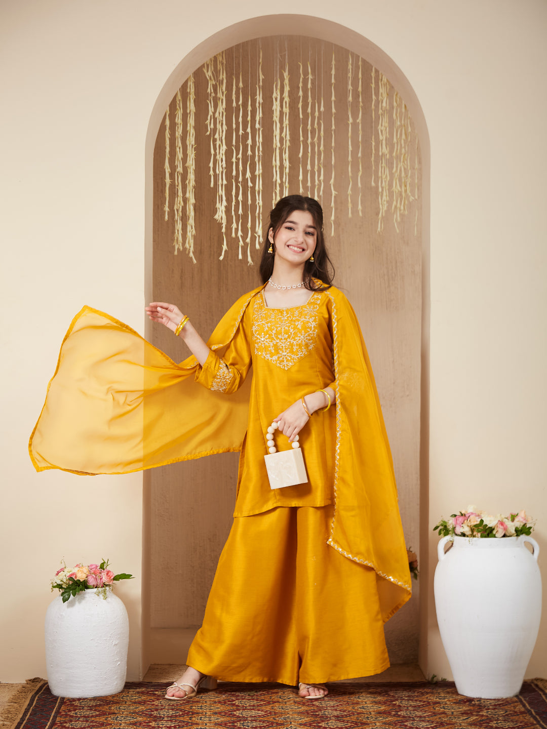 Girls mustard Silk Embroidered Kurta Palazzo Set with Dupatta