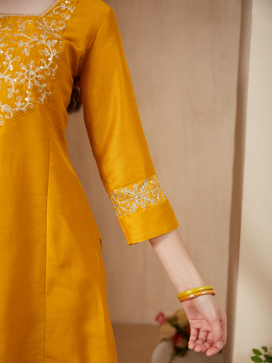 Girls mustard Silk Embroidered Kurta Palazzo Set with Dupatta