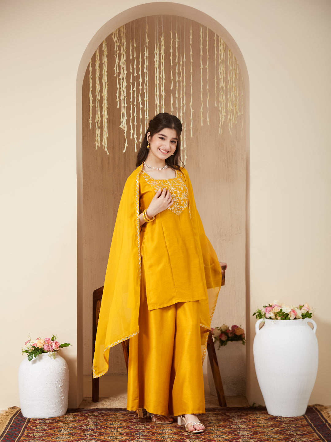 Girls mustard Silk Embroidered Kurta Palazzo Set with Dupatta