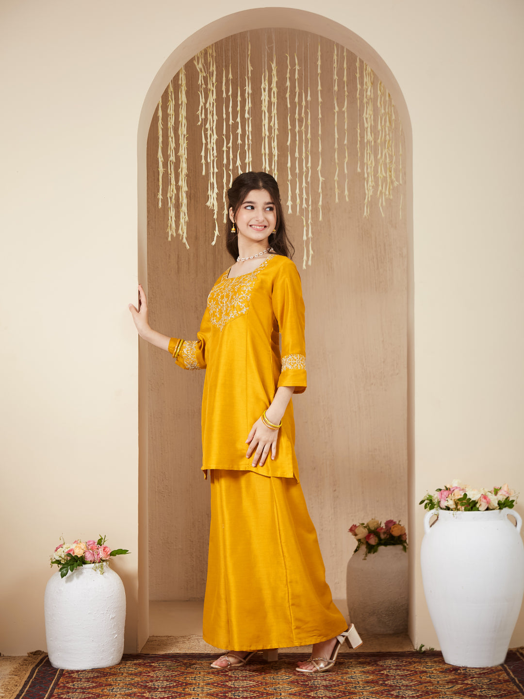 Girls mustard Silk Embroidered Kurta Palazzo Set with Dupatta