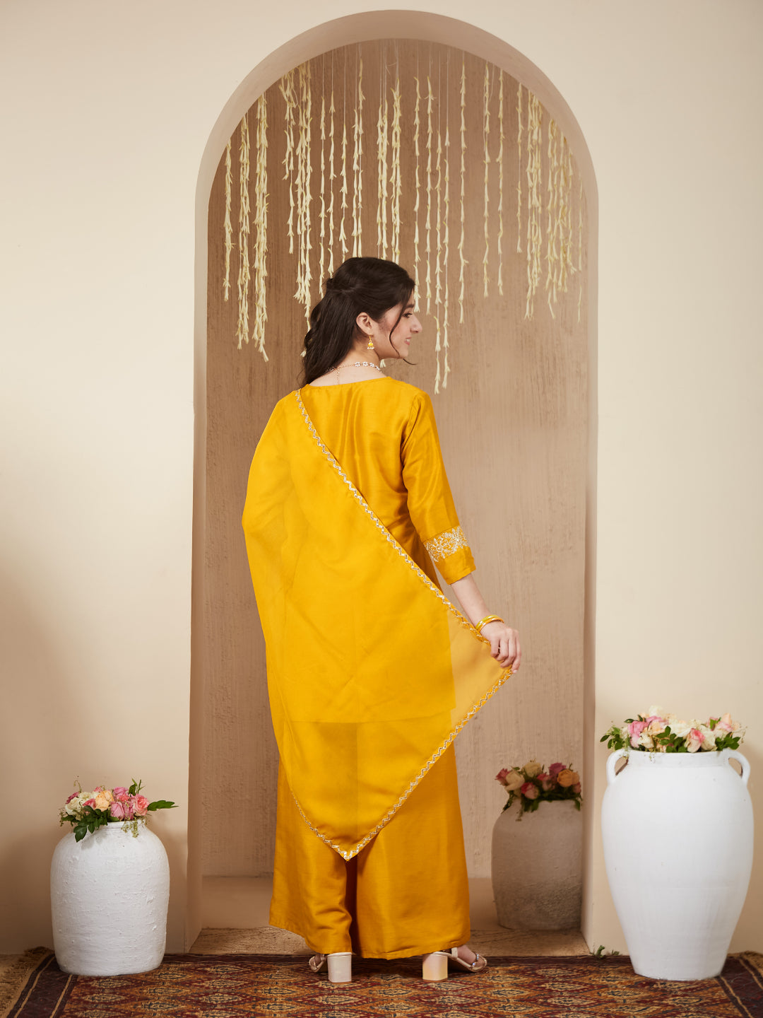 Girls mustard Silk Embroidered Kurta Palazzo Set with Dupatta