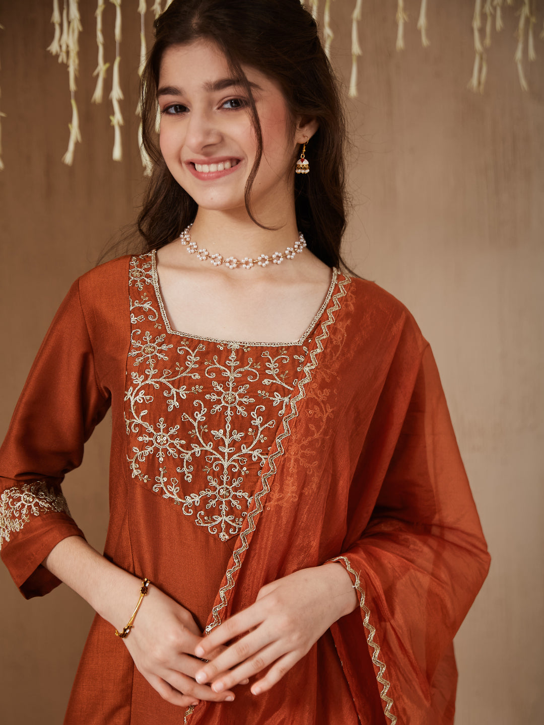 Girls coffee Silk Embroidered Kurta Palazzo Set with Dupatta