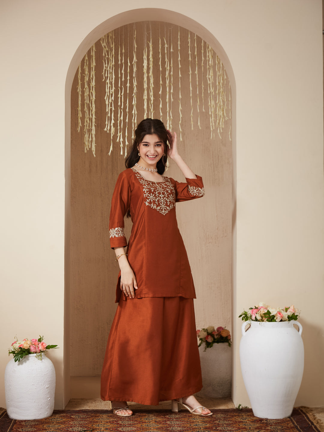 Girls coffee Silk Embroidered Kurta Palazzo Set with Dupatta