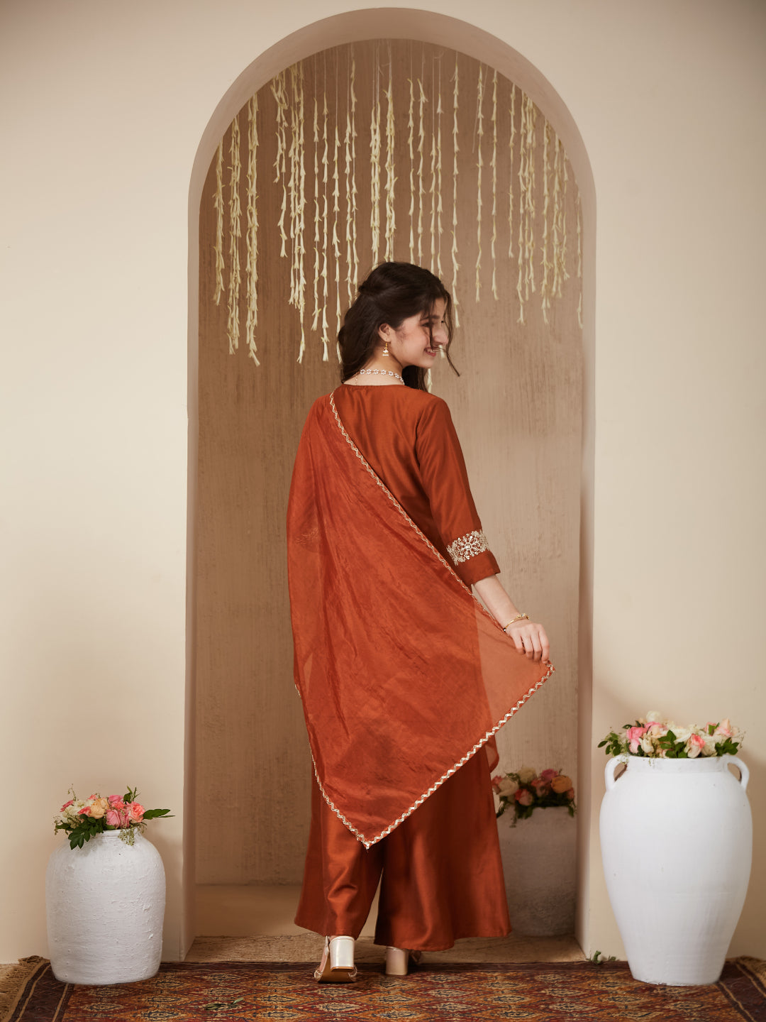 Girls coffee Silk Embroidered Kurta Palazzo Set with Dupatta