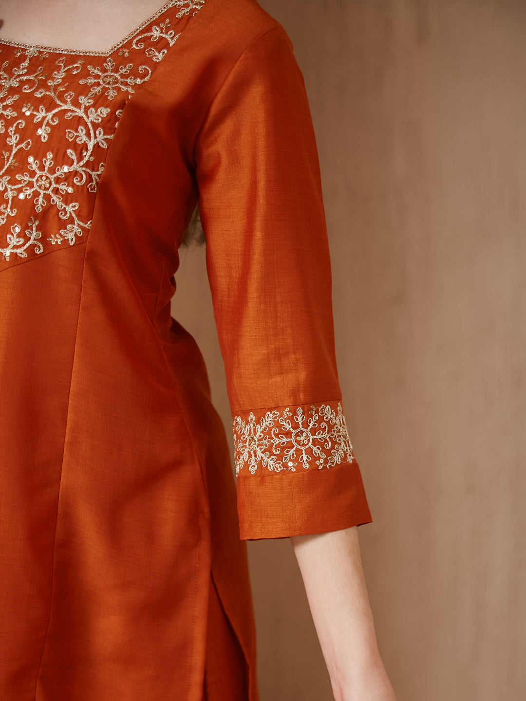 Girls Orange Silk Embroidered Kurta Palazzo Set with Dupatta