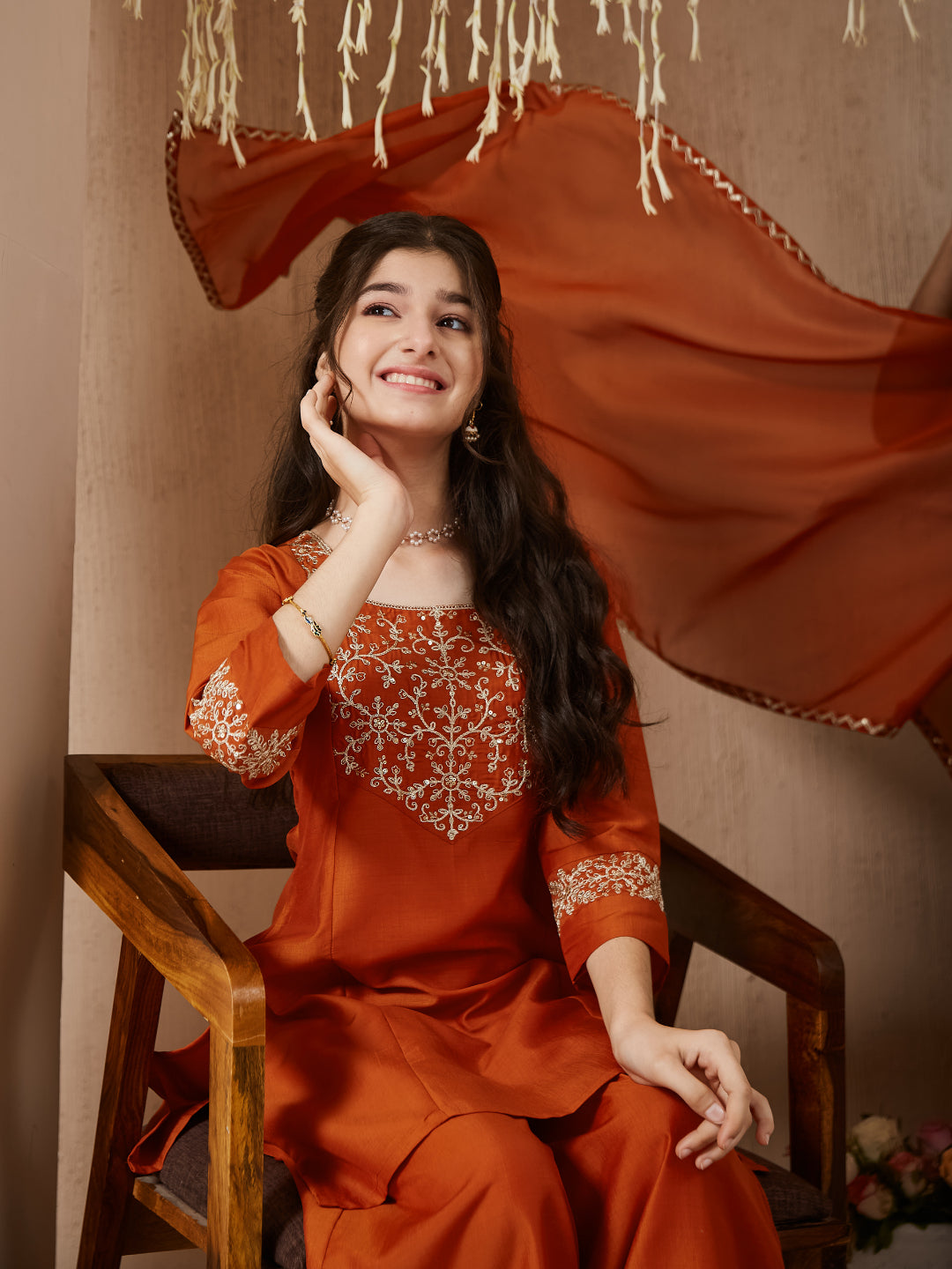 Girls Orange Silk Embroidered Kurta Palazzo Set with Dupatta