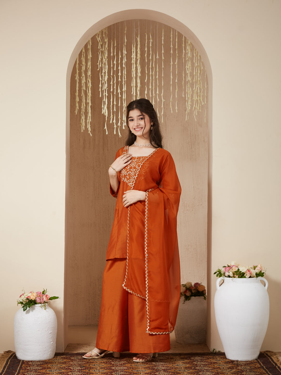 Girls Orange Silk Embroidered Kurta Palazzo Set with Dupatta