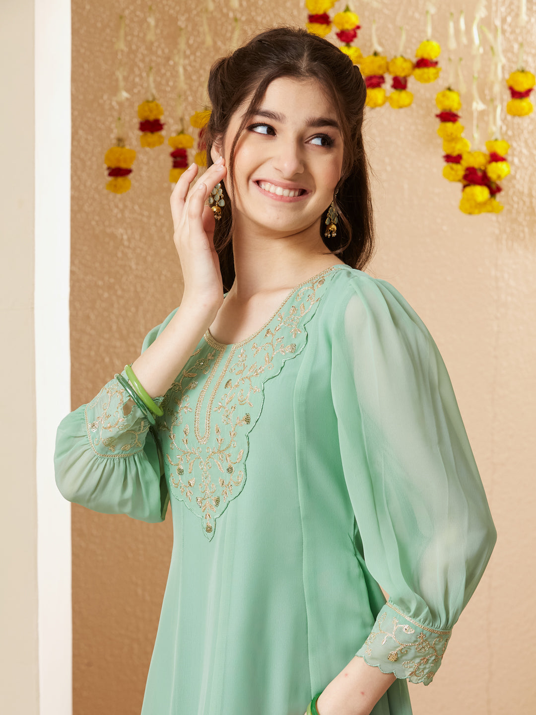 Mint Georgette Embroidered Kurta Palazzo Set for Girls
