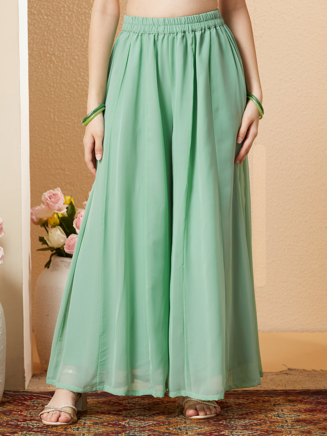 Mint Georgette Embroidered Kurta Palazzo Set for Girls