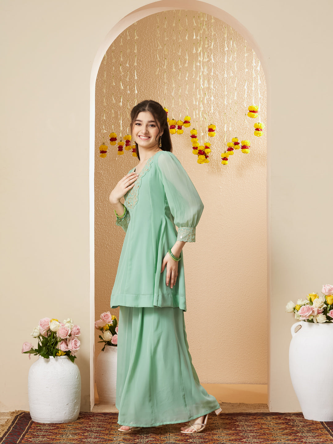 Mint Georgette Embroidered Kurta Palazzo Set for Girls