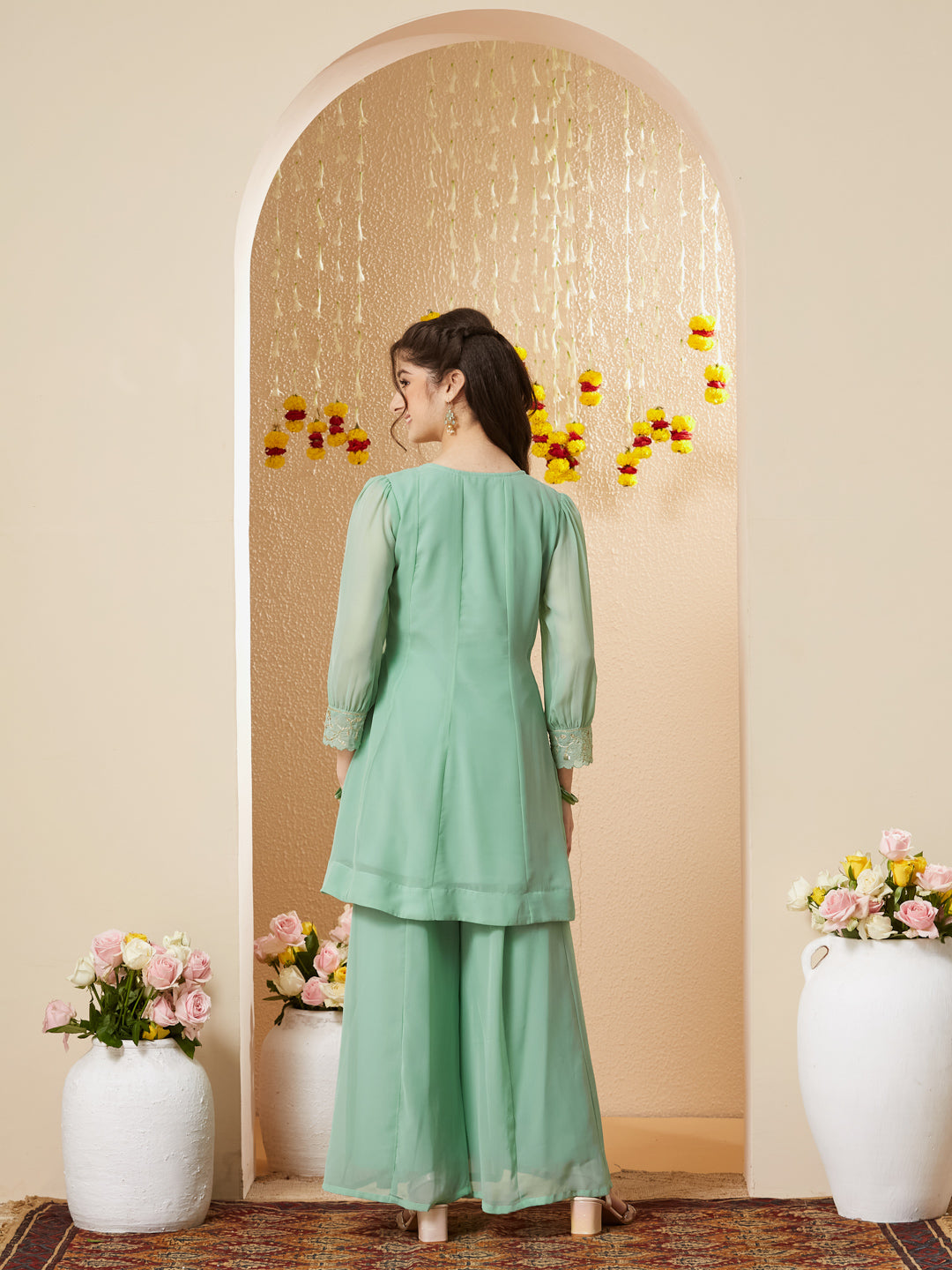 Mint Georgette Embroidered Kurta Palazzo Set for Girls