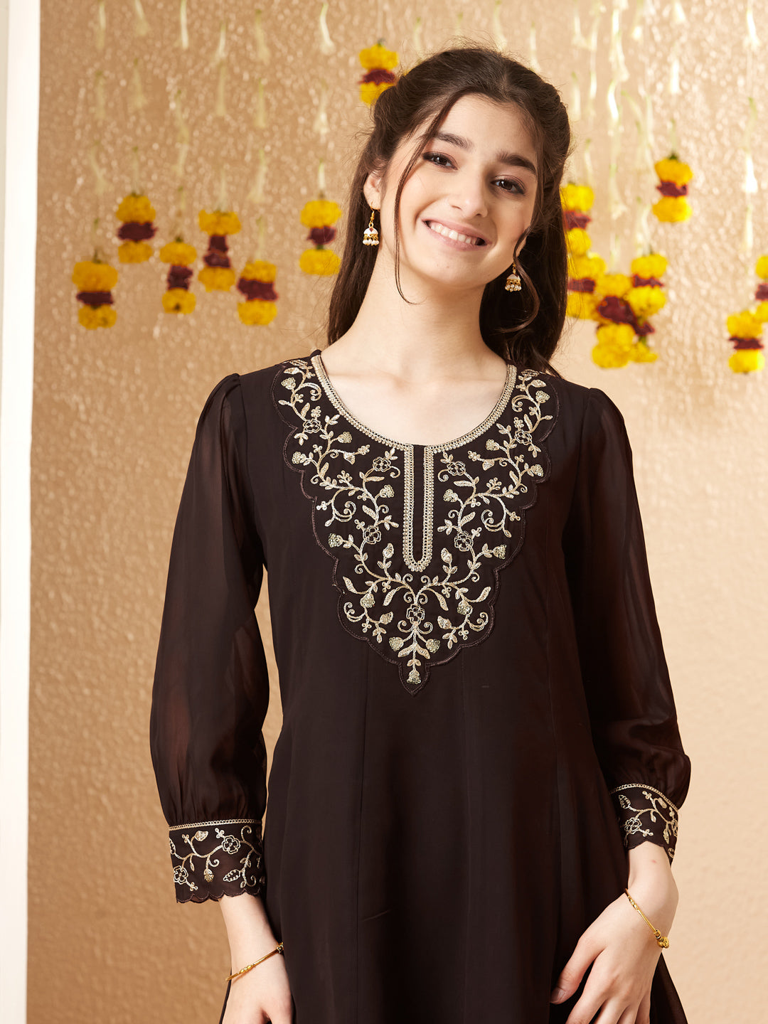 Coffee Georgette Embroidered Kurta Palazzo Set for Girls