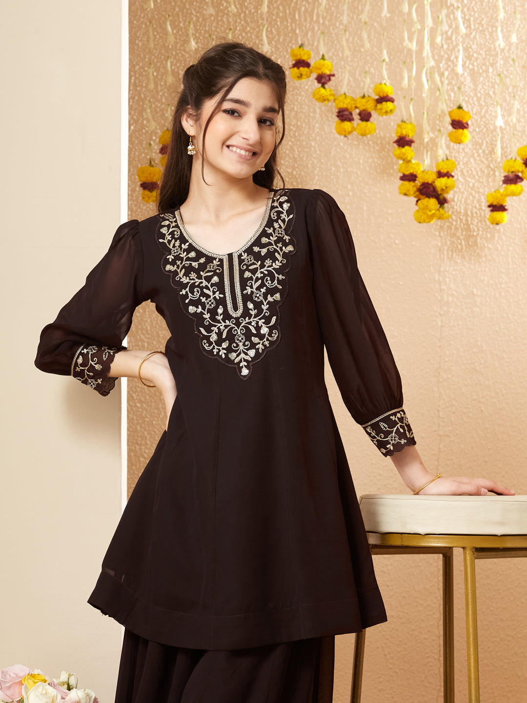 Coffee Georgette Embroidered Kurta Palazzo Set for Girls
