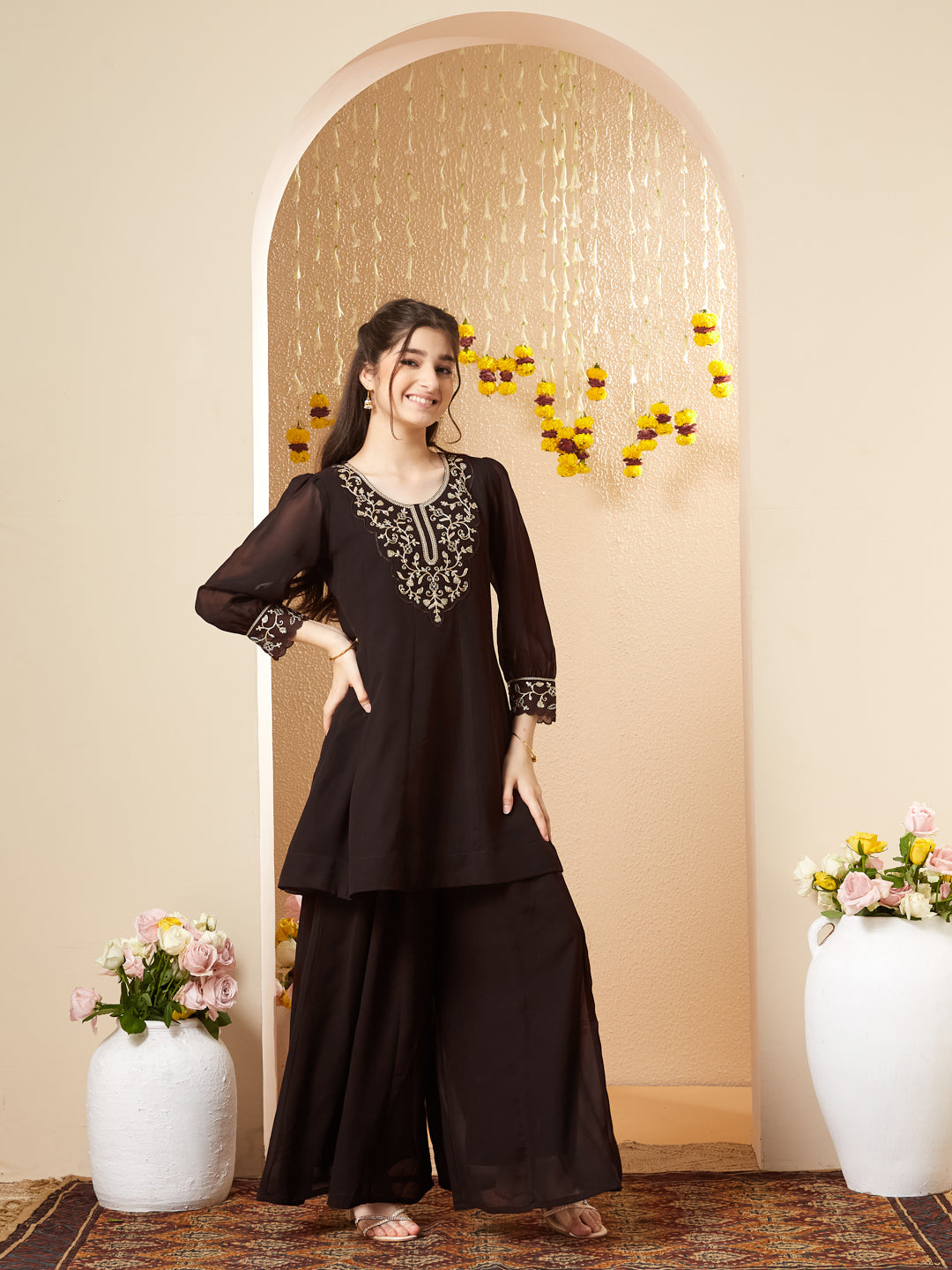 Coffee Georgette Embroidered Kurta Palazzo Set for Girls